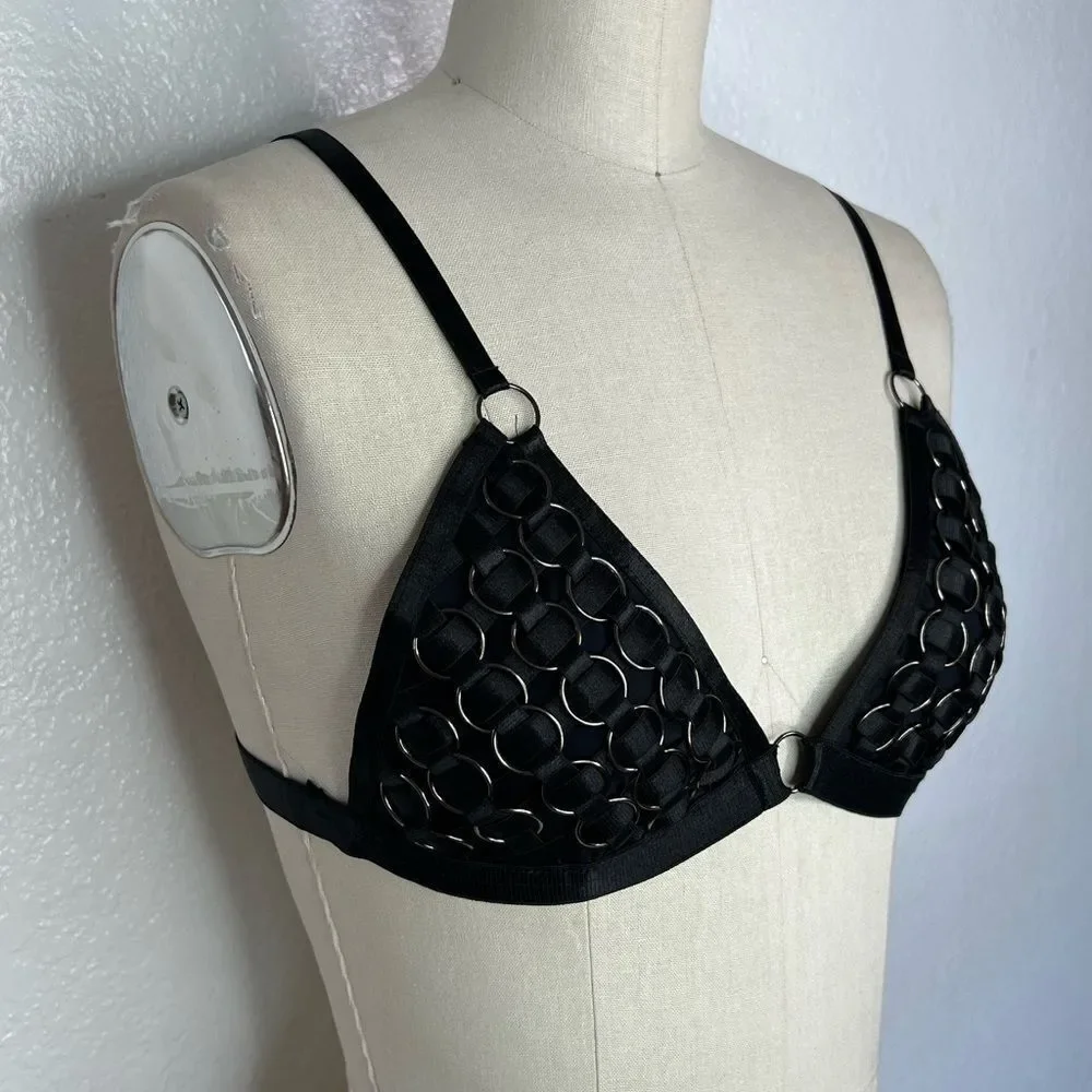 Dolls Kill black goth metal rings mesh black satin bra top statement piece  M